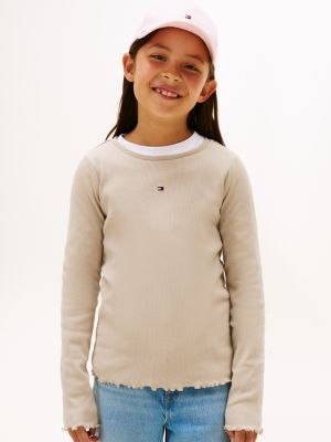 Kids' Long-Sleeve Scoop-Trim Ribbed Top, Stone