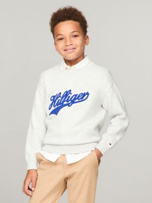 Tommy Hilfiger Boys Kids Flocked Script Logo Sweater Grey L