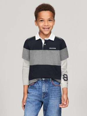 Kids' Long-Sleeve Rugby Stripe Polo, Grey Heather / Navy