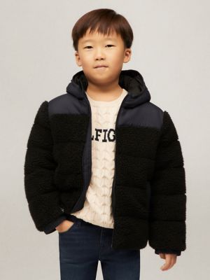 Tommy Hilfiger Boys Kids Hooded Mixed Media Puffer Jacket Black XXS