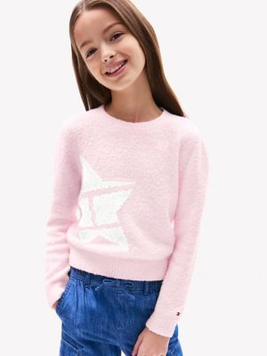Kids' Star Logo Graphic Crewneck Sweater, Light Pink