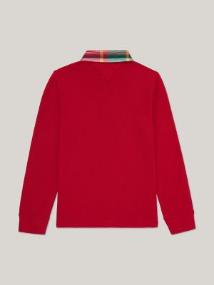 Kids' Long-Sleeve Plaid-Collar Polo, Primary Red