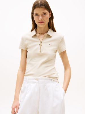 Slim Fit Zip Polo, Classic Beige