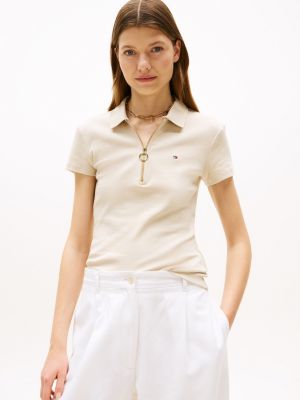 Slim Fit Zip Polo, Classic Beige