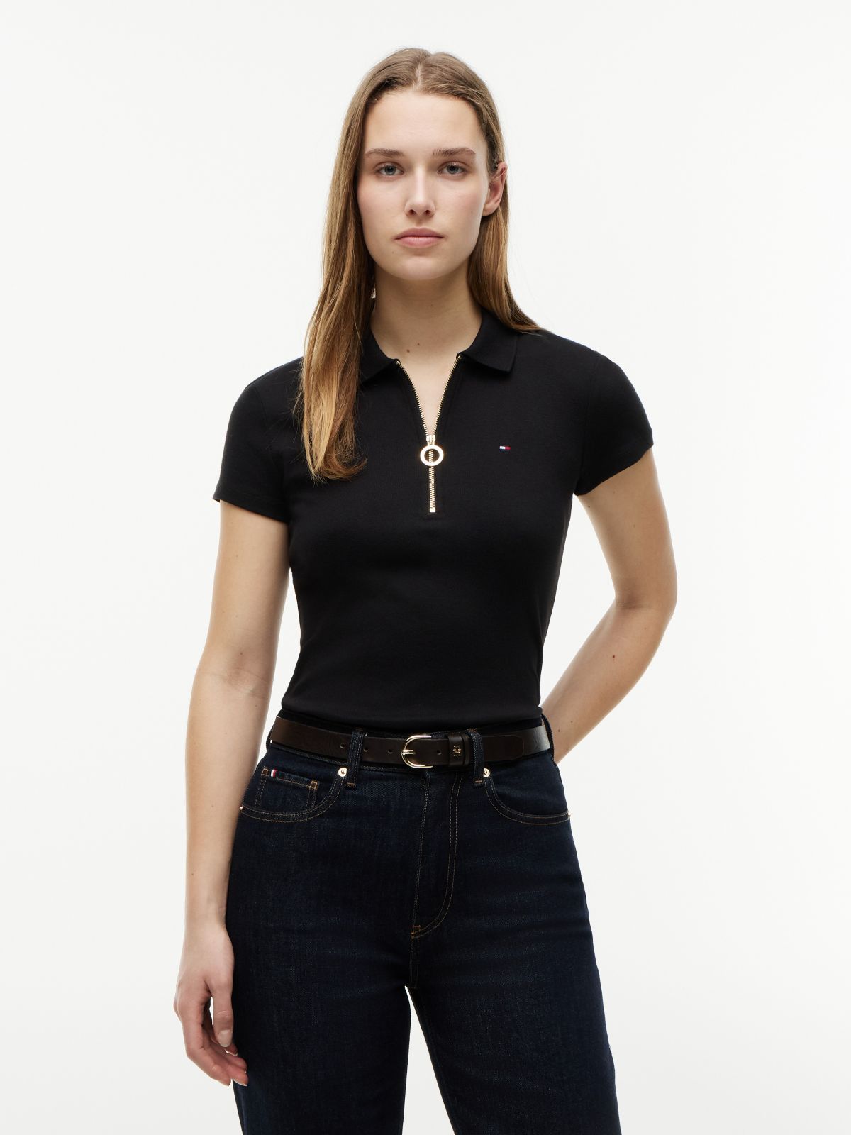 Slim Fit Zip Polo — Black