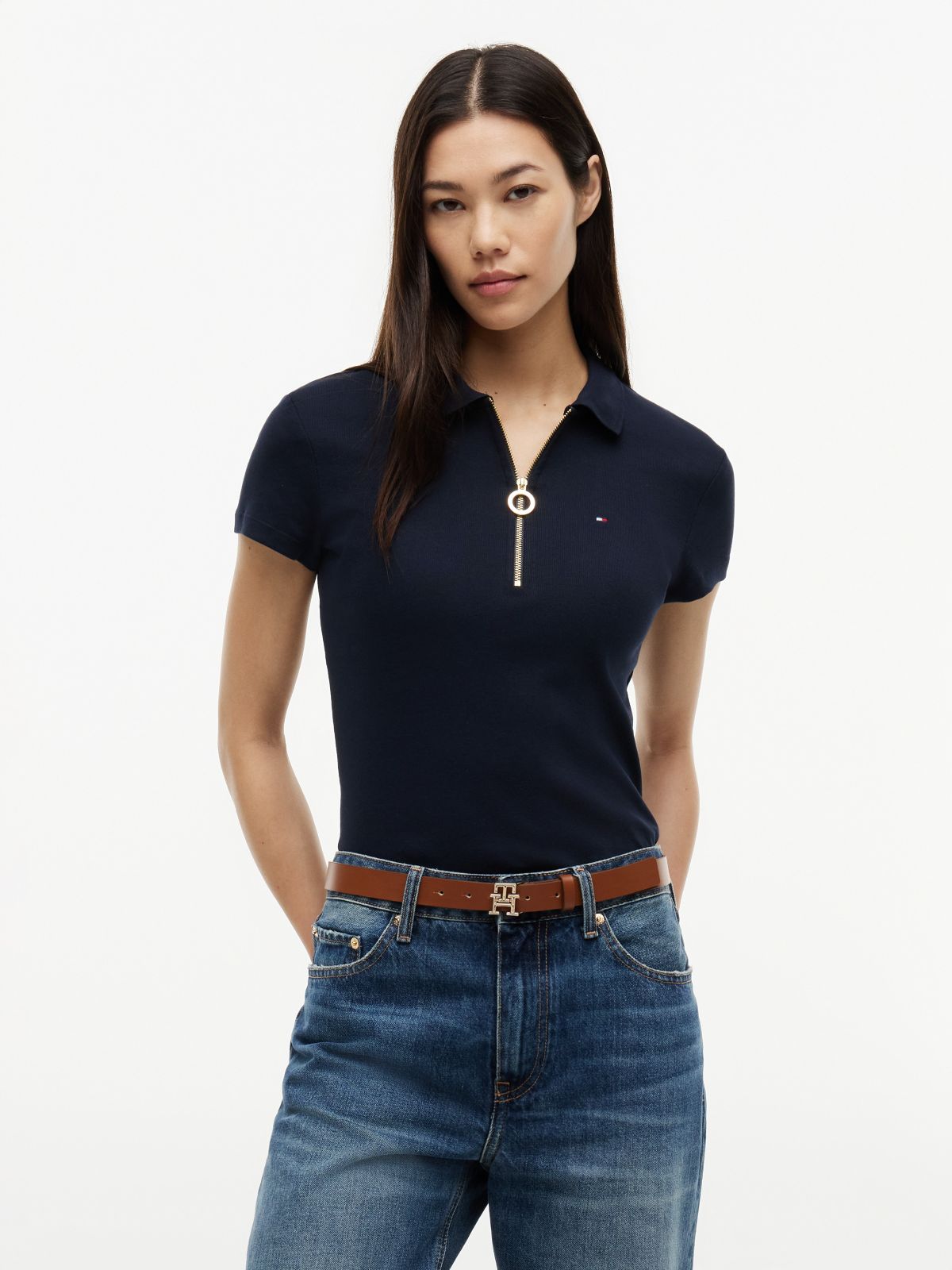 Slim Fit Zip Polo — Navy