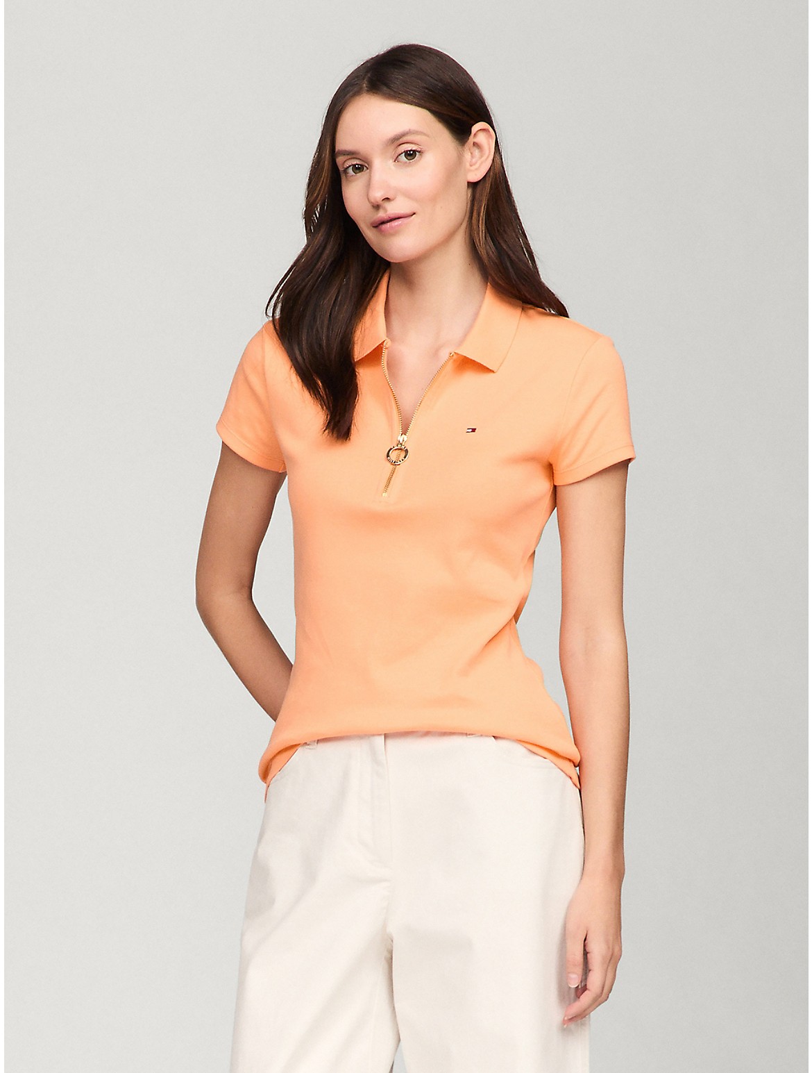 Tommy Hilfiger Women's Slim Fit Zip Polo - Orange - XXL