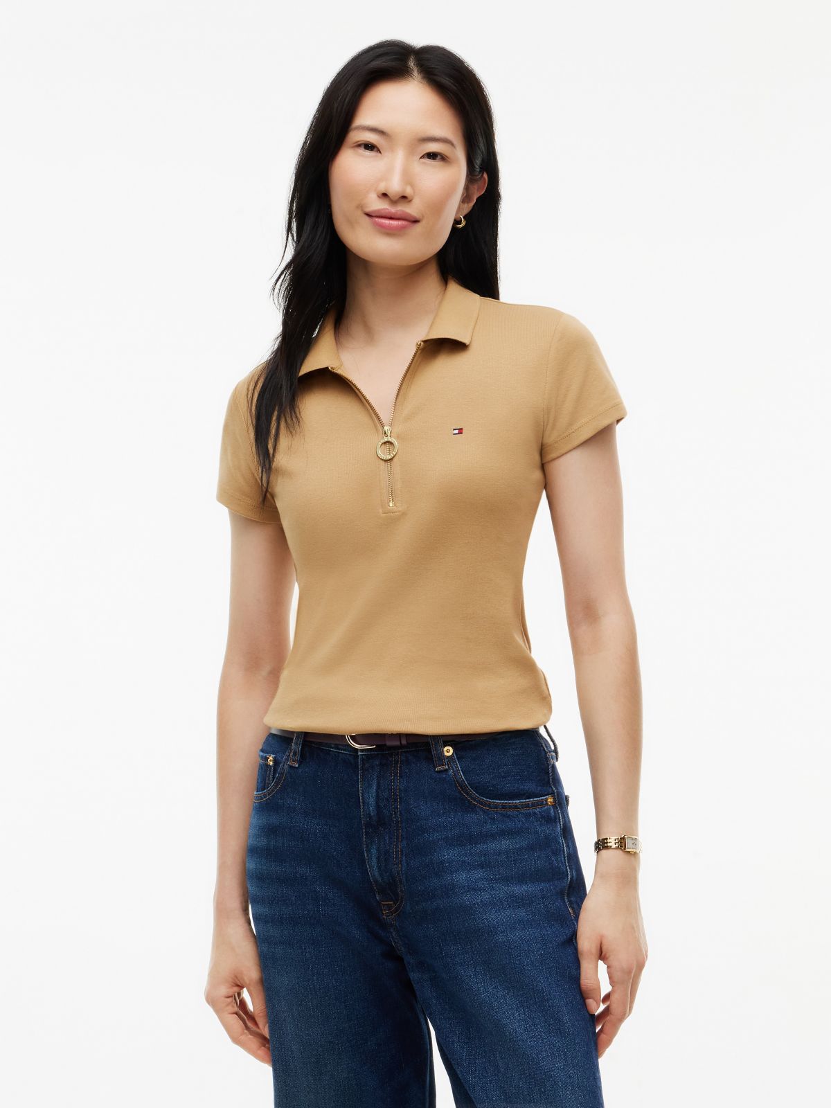 Slim Fit Zip Polo — Classic Khaki