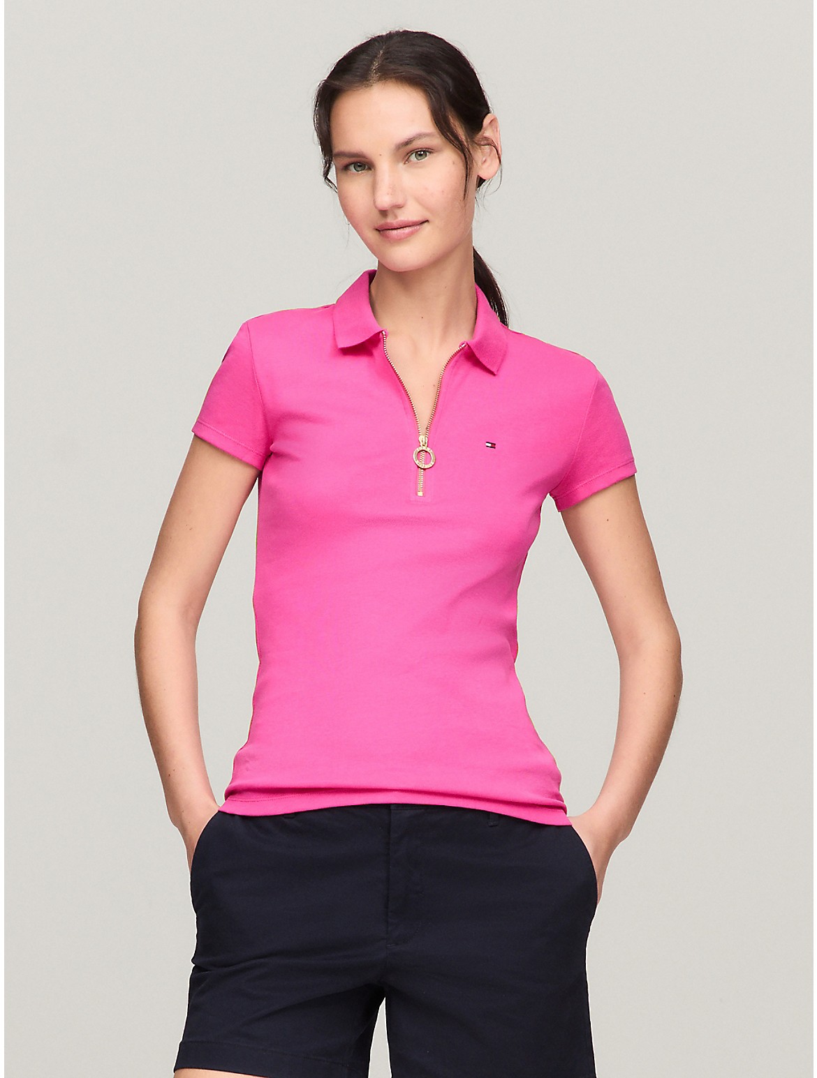 Shop Tommy Hilfiger Slim Fit Zip Polo In Pink Passion