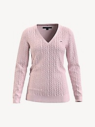 타미 힐피거 우먼 스웨터 Tommy Hilfiger Essential Solid V-Neck Sweater,ALMOST PINK HEATHER
