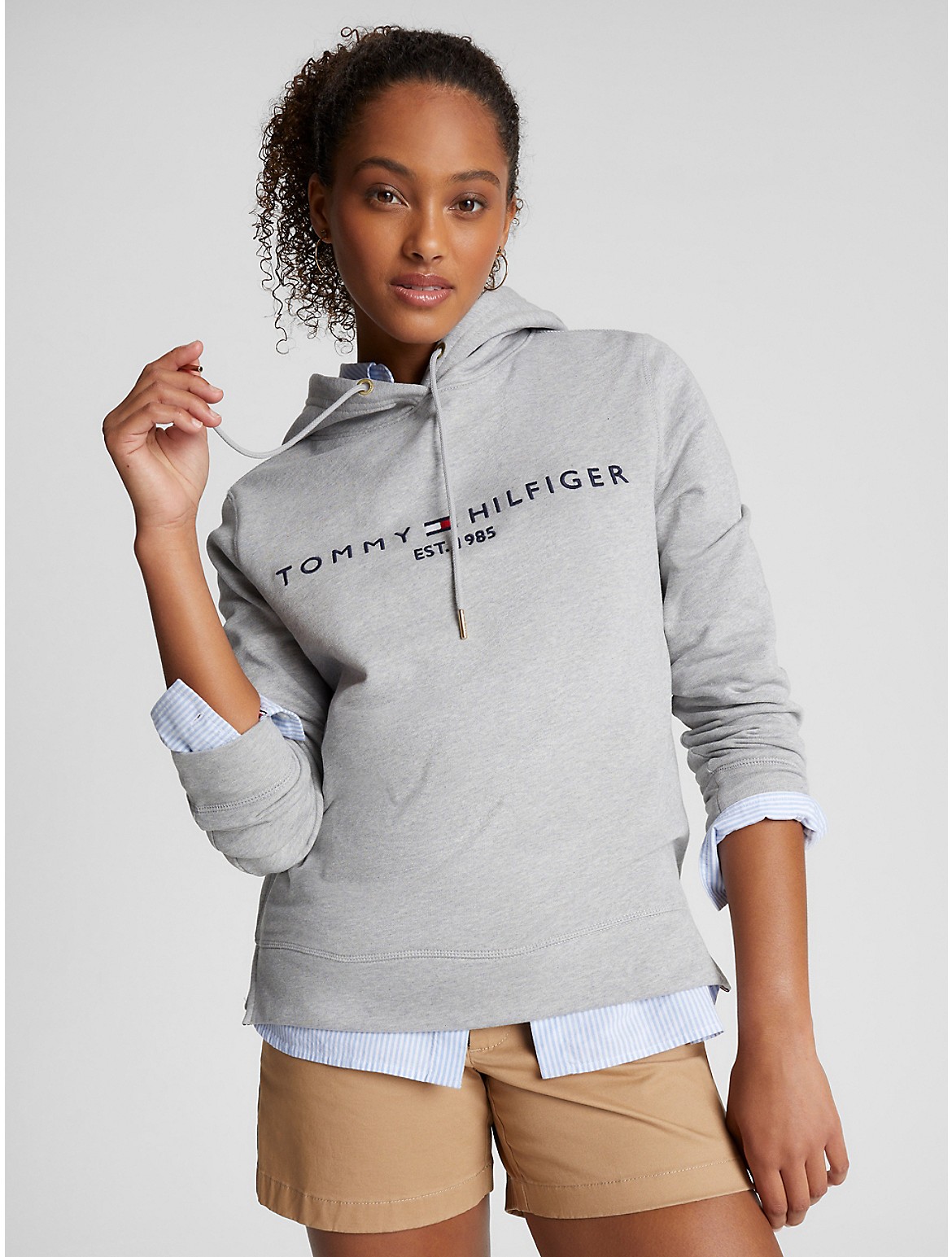 Shop Tommy Hilfiger Embroidered Tommy Logo Terry Hoodie In Grey Heather