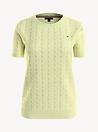 타미 힐피거 꽈배기 반팔 니트 Tommy Hilfiger Cable Knit Short-Sleeve Sweater,BRIGHT LEAF