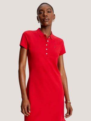 Stretch Cotton Polo Dress, Primary Red