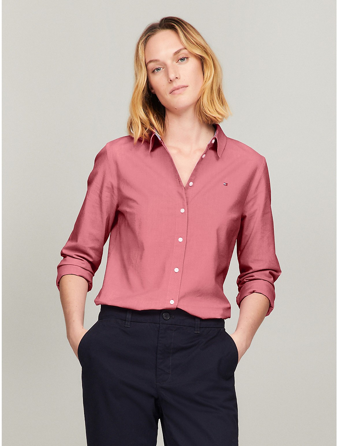Tommy Hilfiger Regular Fit Solid Stretch Oxford Shirt In Pink