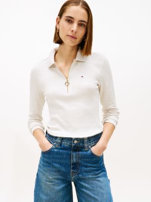 Long-Sleeve Zip Slim Fit Polo, Dark Beige