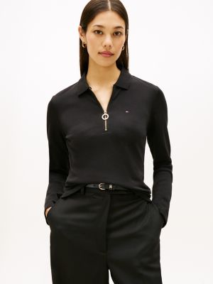 Long-Sleeve Zip Slim Fit Polo, Black