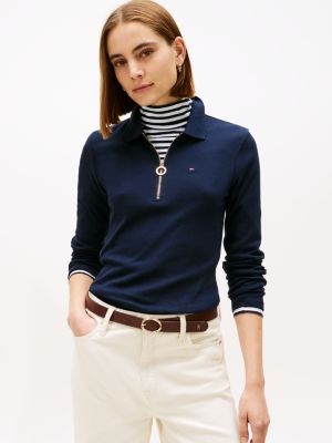 Long-Sleeve Zip Slim Fit Polo, Navy Blue