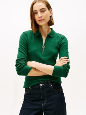 Long-Sleeve Zip Slim Fit Polo, Ornamental Green