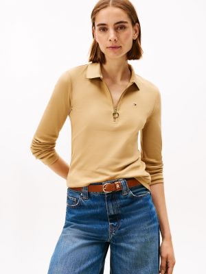 Long-Sleeve Zip Slim Fit Polo, Classic Khaki