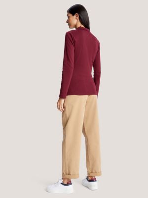Long-Sleeve Zip Slim Fit Polo, Deep Rouge