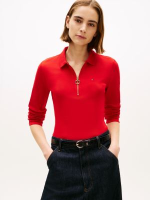 Long-Sleeve Zip Slim Fit Polo, Deep Crimson