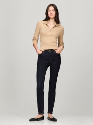 Long-Sleeve Zip Slim Fit Polo, Beige Heather