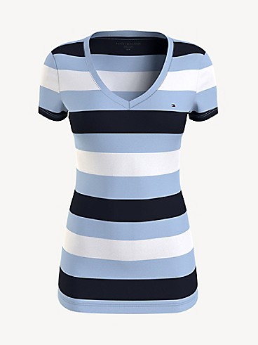타미 힐피거 Tommy Hilfiger Stripe V-Neck T-Shirt,BREEZY BLUE MULTI
