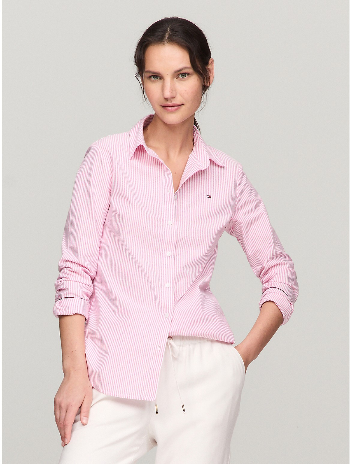 Tommy Hilfiger Regular Fit Stripe Stretch Oxford Shirt In Pink Passion/optic White Th