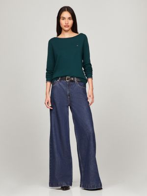 Solid Boatneck Sweater, Cypress Green