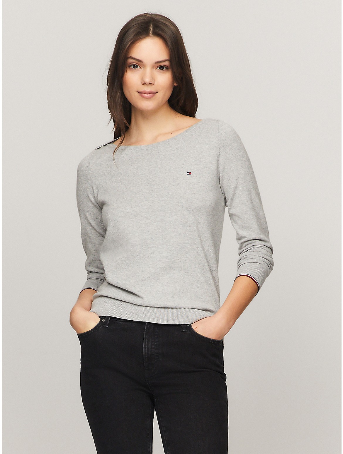 Tommy Hilfiger Solid Boat Neck Sweater In Light Grey Heather