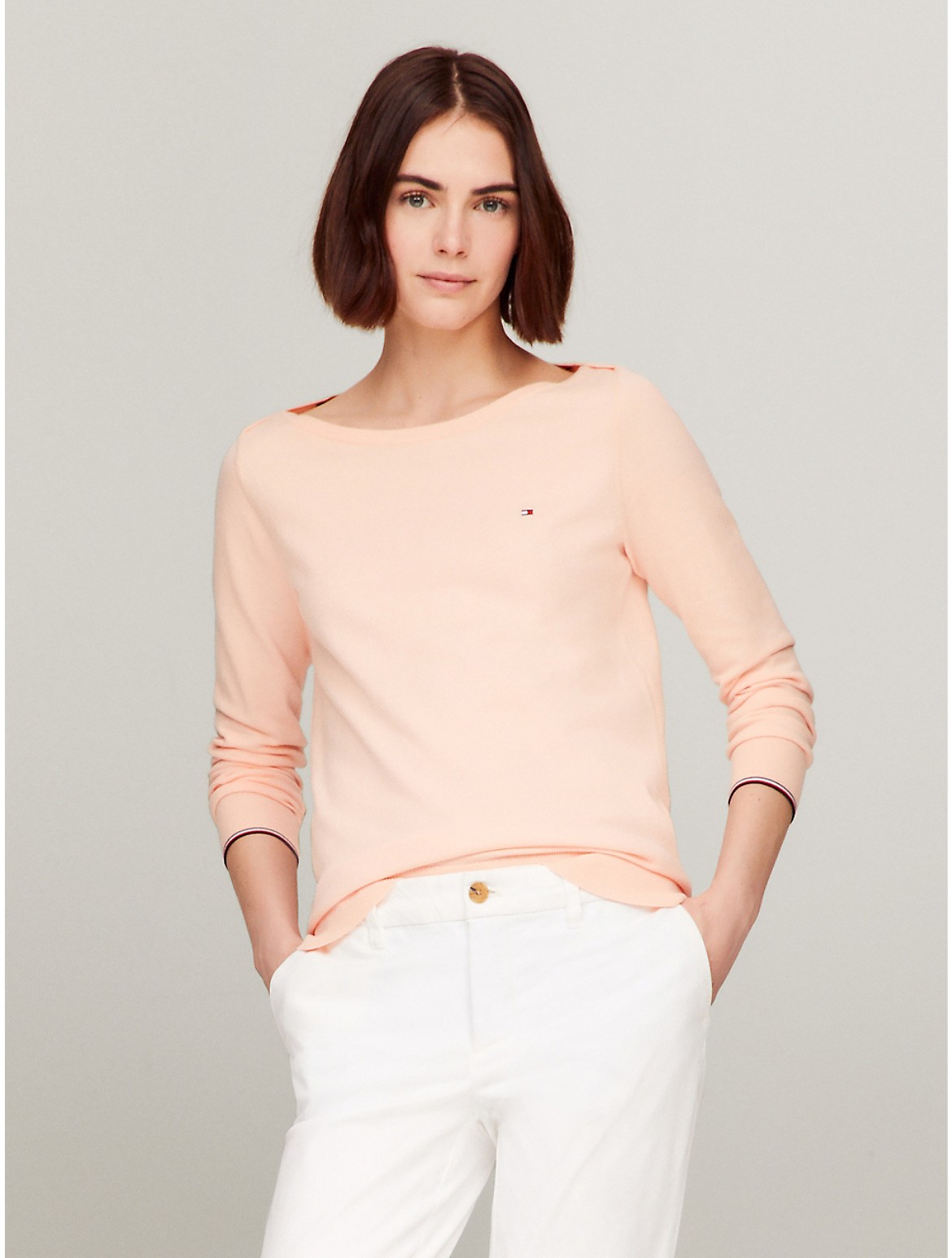 Shop Tommy Hilfiger Solid Boatneck Sweater In Tangerine Buzz