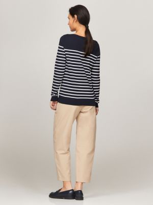 TOMMY HILFIGER Women's Navy Striped Stretch Lined Center-Bust