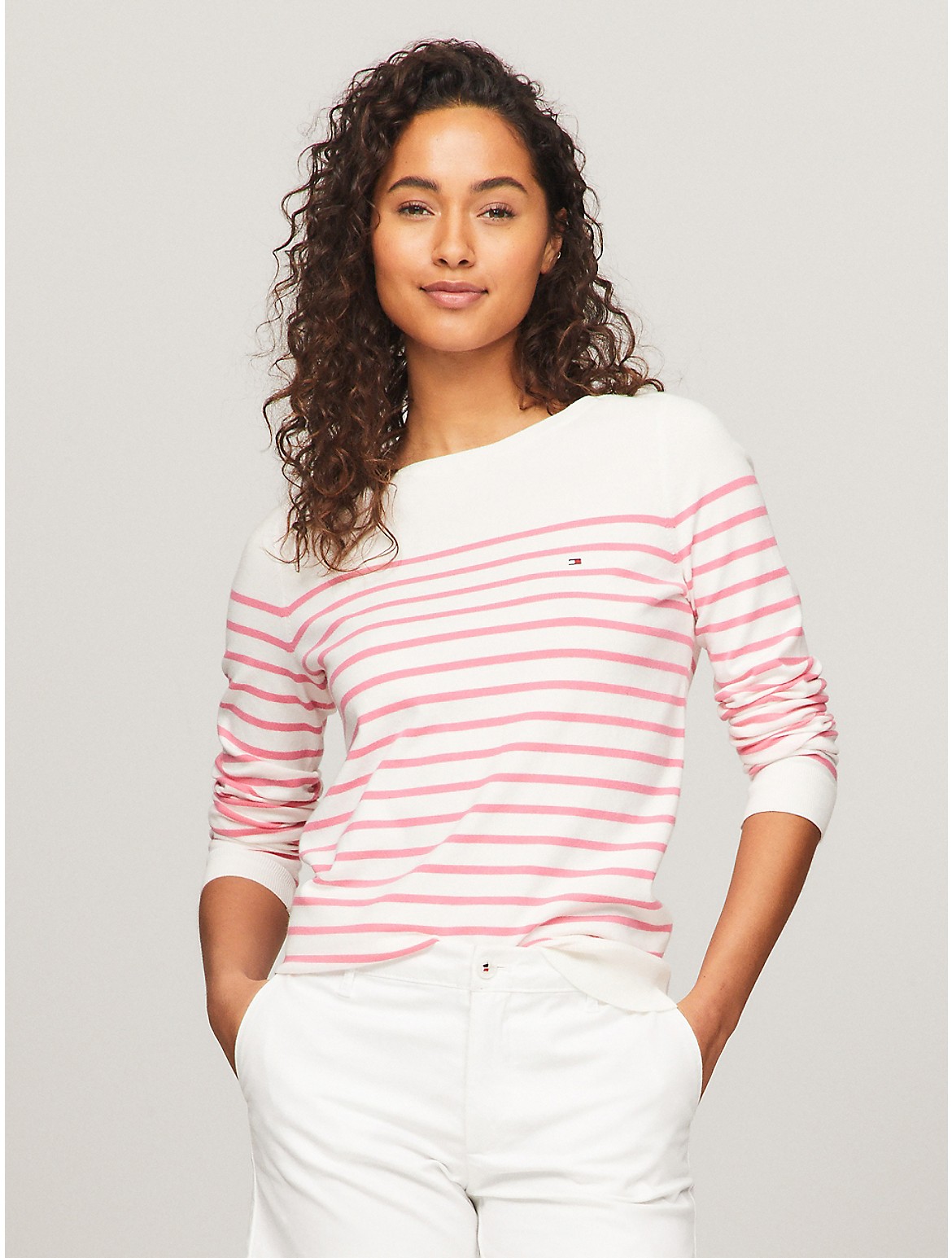 Tommy Hilfiger Stripe Boatneck Sweater In Glamour Pink Multi