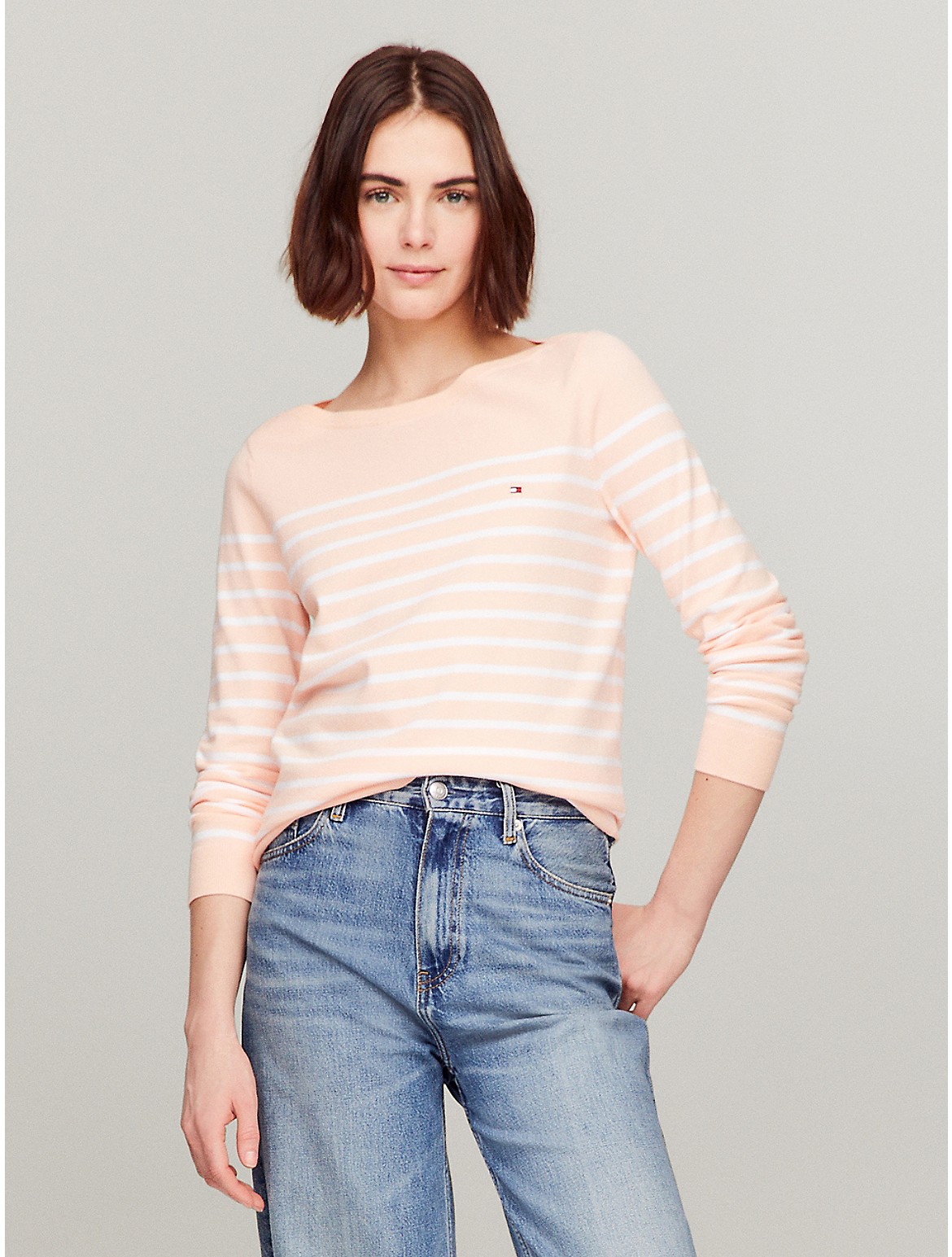 Shop Tommy Hilfiger Stripe Boatneck Sweater In Tangerine Buzz Multi