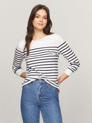 Tommy Hilfiger Women's Long-Sleeve Bayview-Dot Pintuck Top Blue/White Size  XX-Large