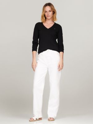 Solid Cotton-Blend V-Neck Sweater, Black