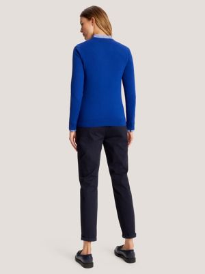 Solid Cotton-Blend V-Neck Sweater, Midnight Blue