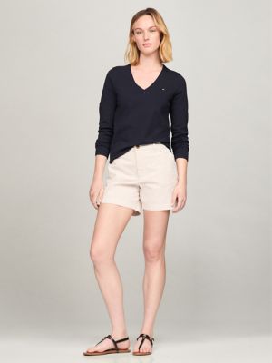 Solid Cotton-Blend V-Neck Sweater, Navy