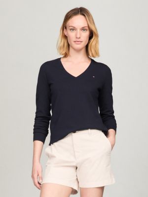 TOMMY HILFIGER Women's Ribbed Trim V-Neck Sweater Jumper – Price Lane  Clearance