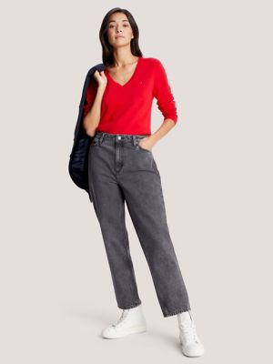 Solid Cotton-Blend V-Neck Sweater, Primary Red