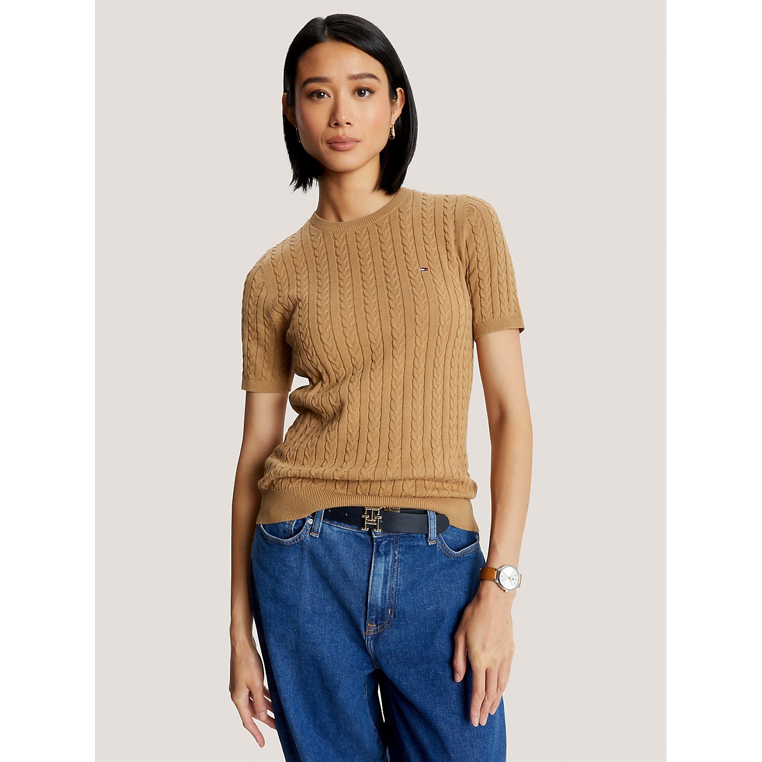 TOMMY HILFIGER Cable Knit Short-Sleeve Sweater