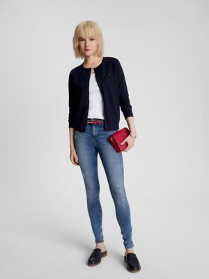 Solid Button-Up Cotton Blend Cardigan, Navy