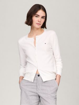 Solid Button-Up Cotton Blend Cardigan, Optic White