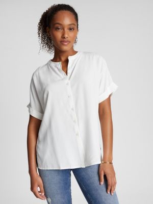 Women's White Long Sleeve V Neck Collarless Ladies' A-Line Blouse