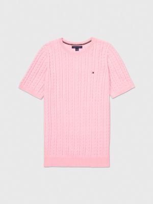 Short-Sleeve Cable Knit Sweater, Pastel Pink