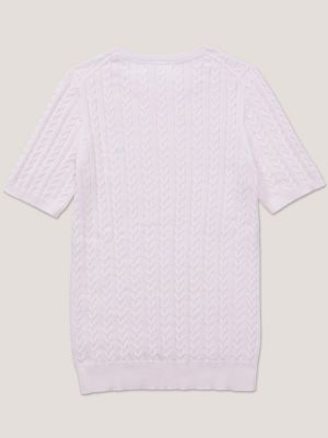 Short-Sleeve Cable Knit Sweater, Light Pink