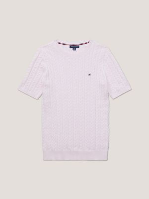 Short-Sleeve Cable Knit Sweater, Light Pink