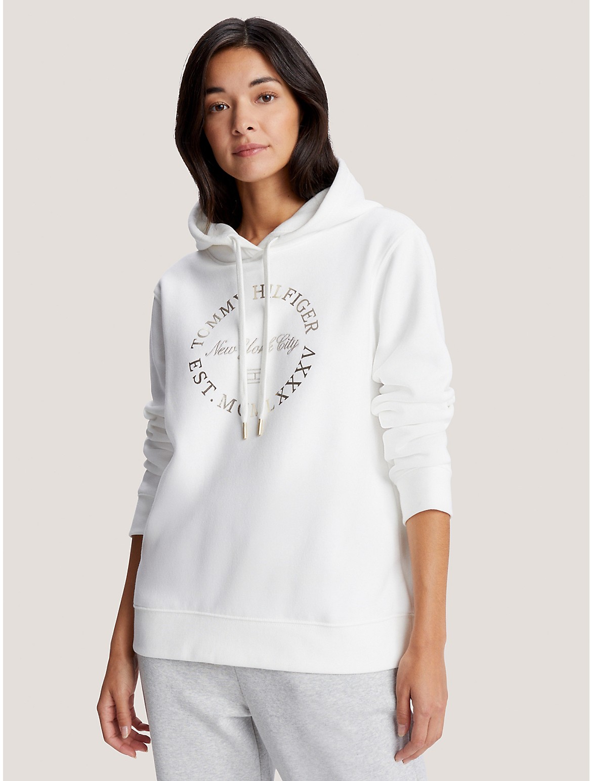 Tommy Hilfiger Women's Metallic NYC Circle Logo Hoodie - White - XL