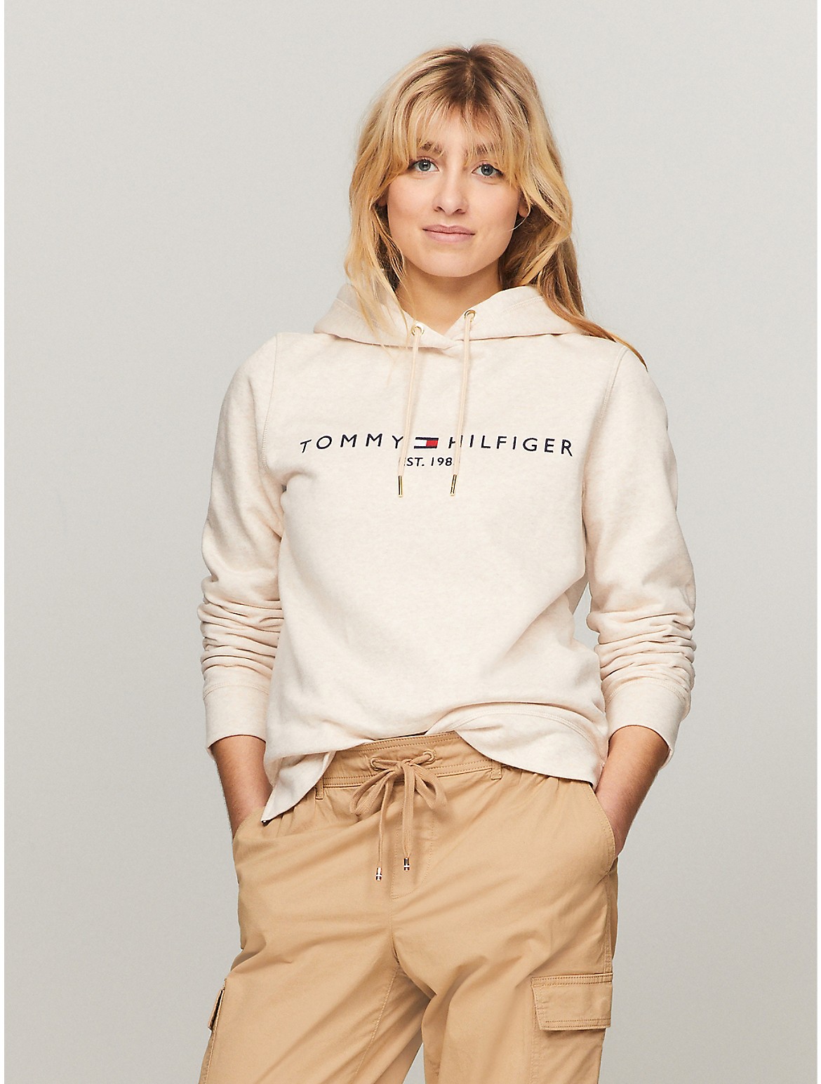 Tommy Hilfiger Embroidered Tommy Logo Hoodie In Beige Heather