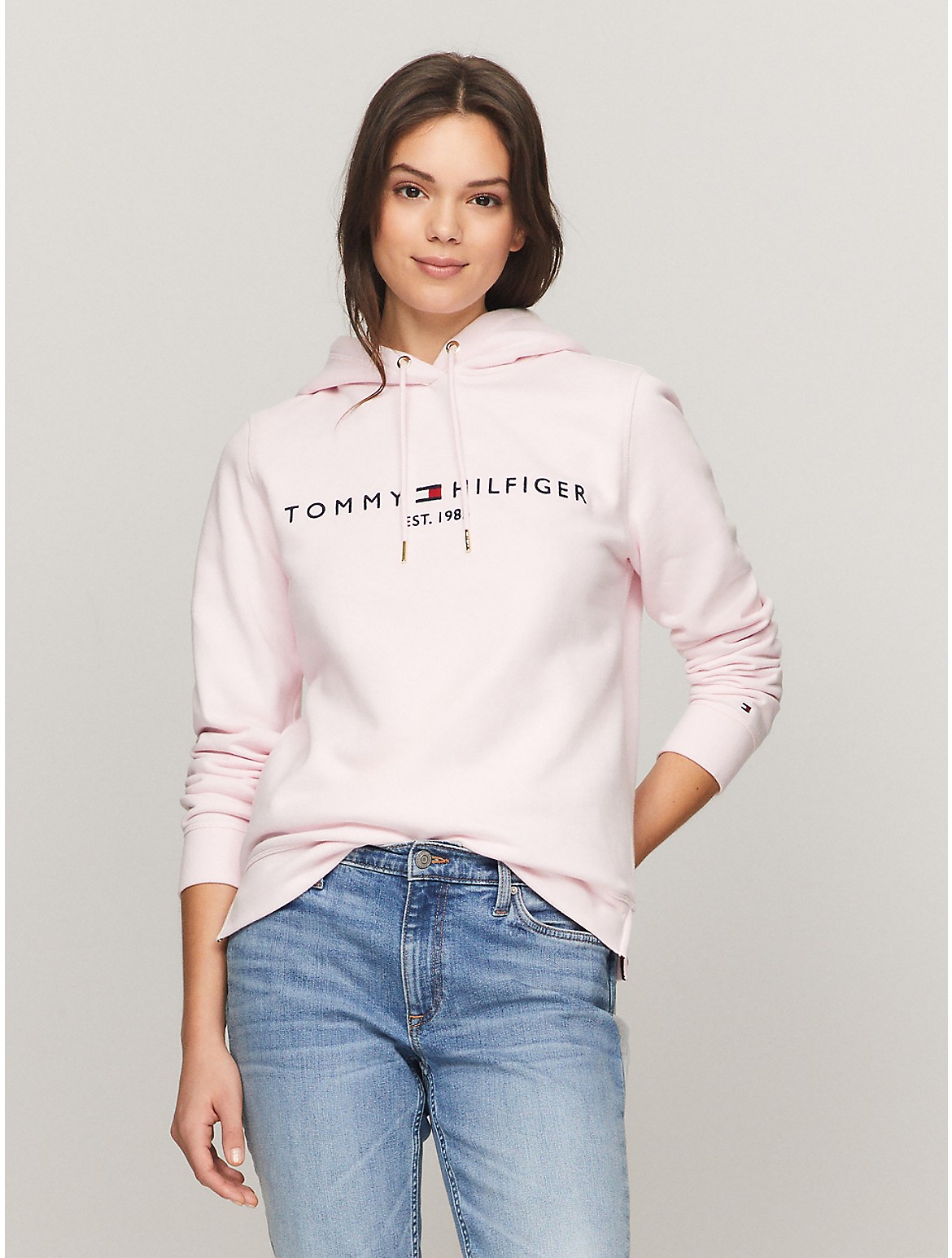Tommy Hilfiger Embroidered Tommy Logo Hoodie In Light Pink